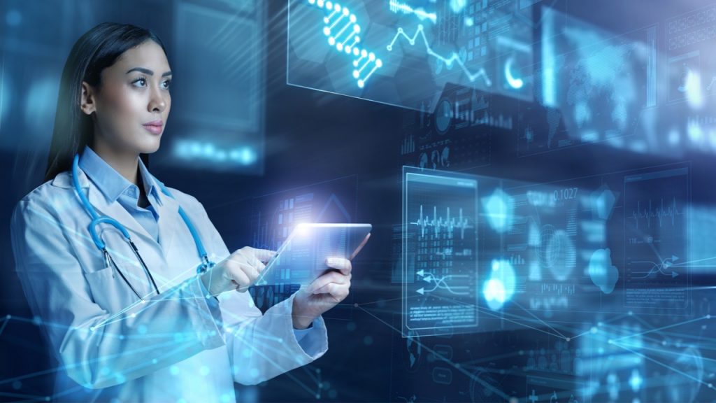 Medical student examining data